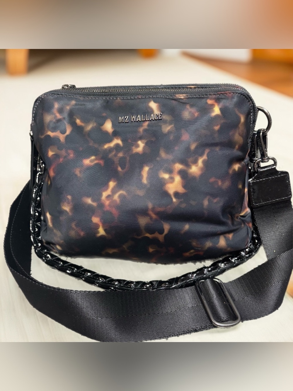 MZ Wallace Bowery Crossbody Tortoise Print Black Hardware